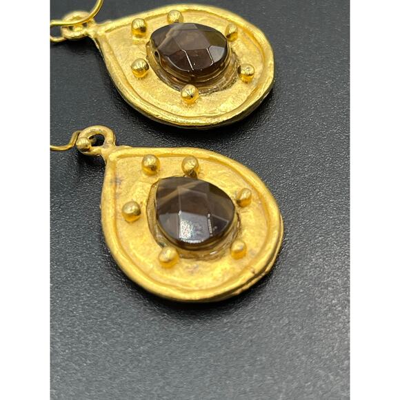 Susan Shaw Vintage Handcast 24k Gold Plated Teardrop Genuine Quartz Earrings - Picture 10 of 13